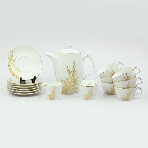 Dankotuwa | Arabella Gold 17 Pieces Tea Set + 2 Tier Premium Porcelain Cake Tray - Gold Line