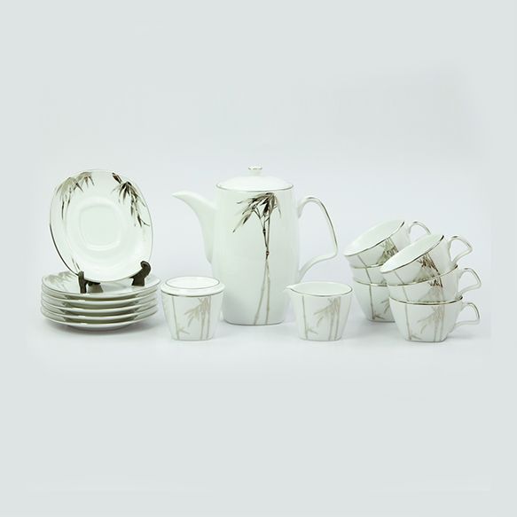 Dankotuwa | Bamboo Silver 17 Pieces Tea Set + 2 Tier Premium Porcelain Cake Tray - Gold Line