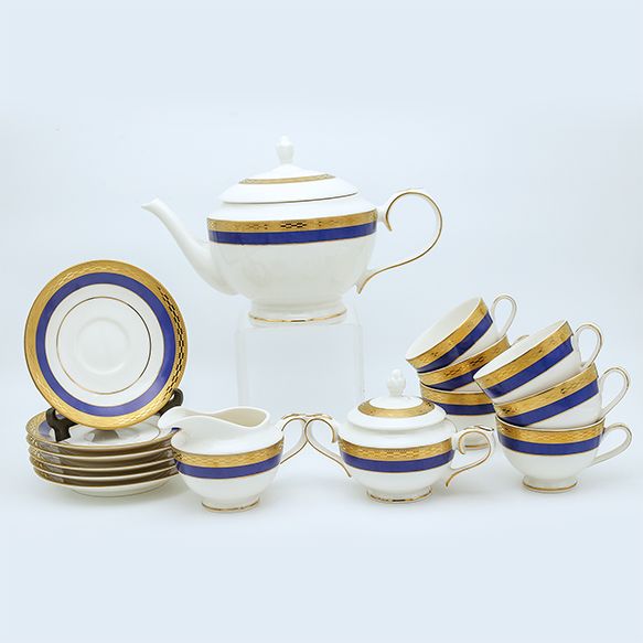 Dankotuwa | Bellini Gold 17 Pieces Tea Set + 2 Tier Premium Porcelain Cake Tray - Gold Line