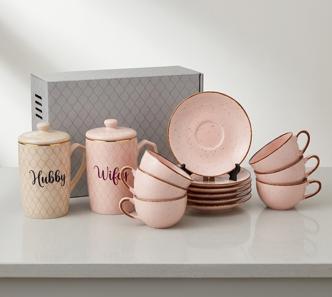 Dankotuwa | Hubby & Wife Mug Set & Paradise Pink 12 Pieces Tea Set