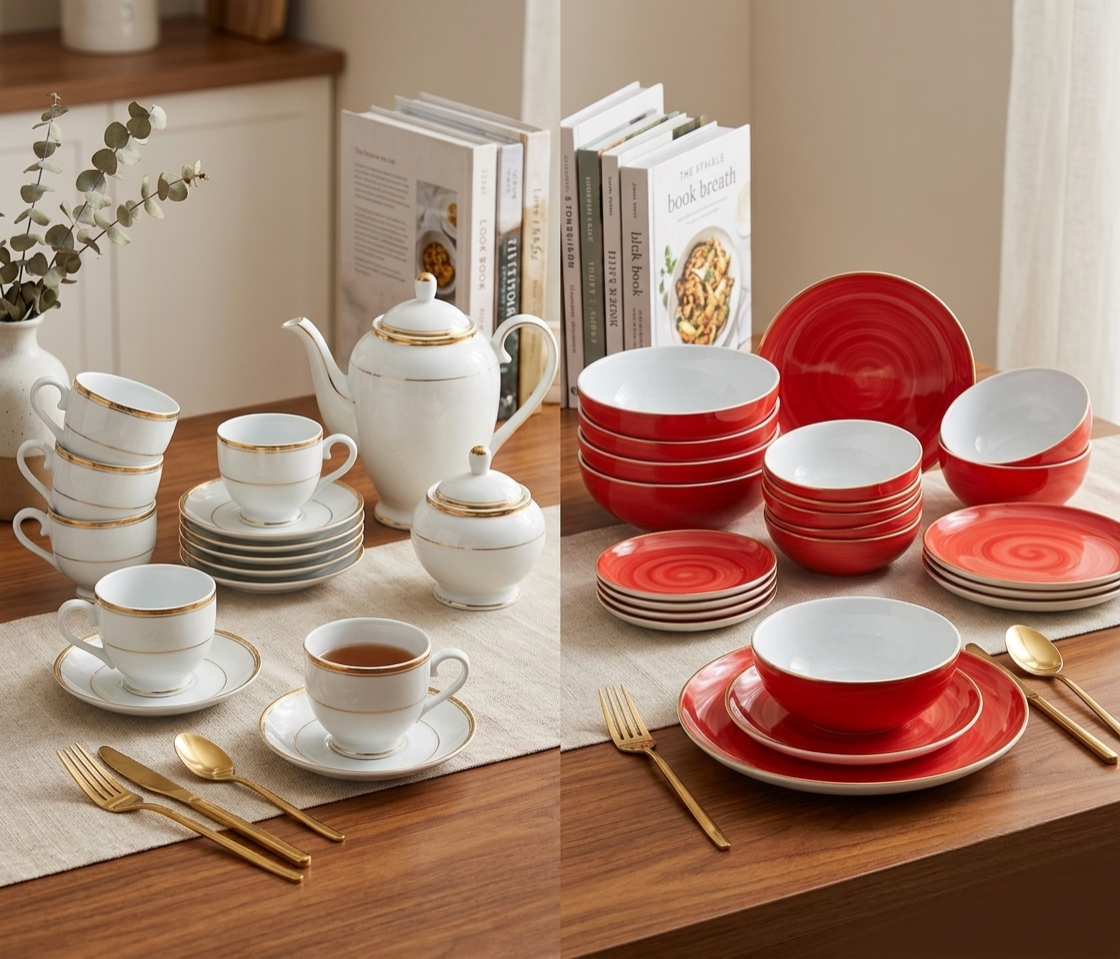 Dankotuwa | Spiral Galaxy Red 21 Pieces Dinner Set + Infinity Gold Line 12 Pieces Tea Set