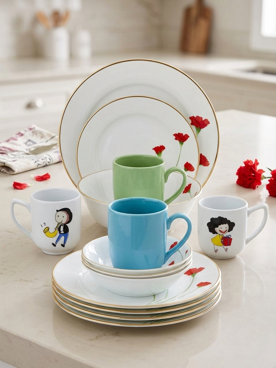 Dankotuwa | Red Flower 21 Pieces Dinner Set + 2 Kids Mugs + 2 Color Mugs