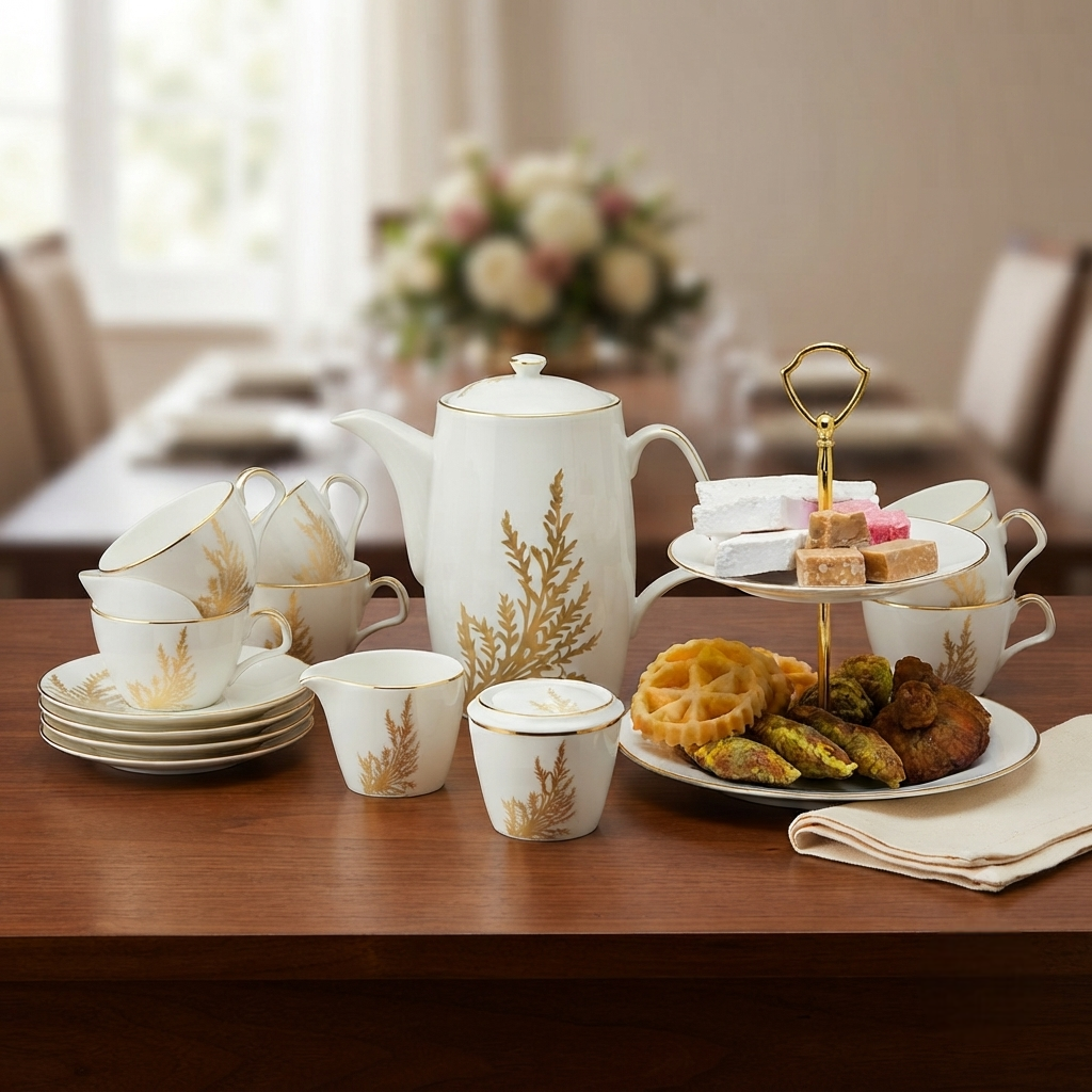Dankotuwa | Arabella Gold 17 Pieces Tea Set + 2 Tier Premium Porcelain Cake Tray - Gold Line