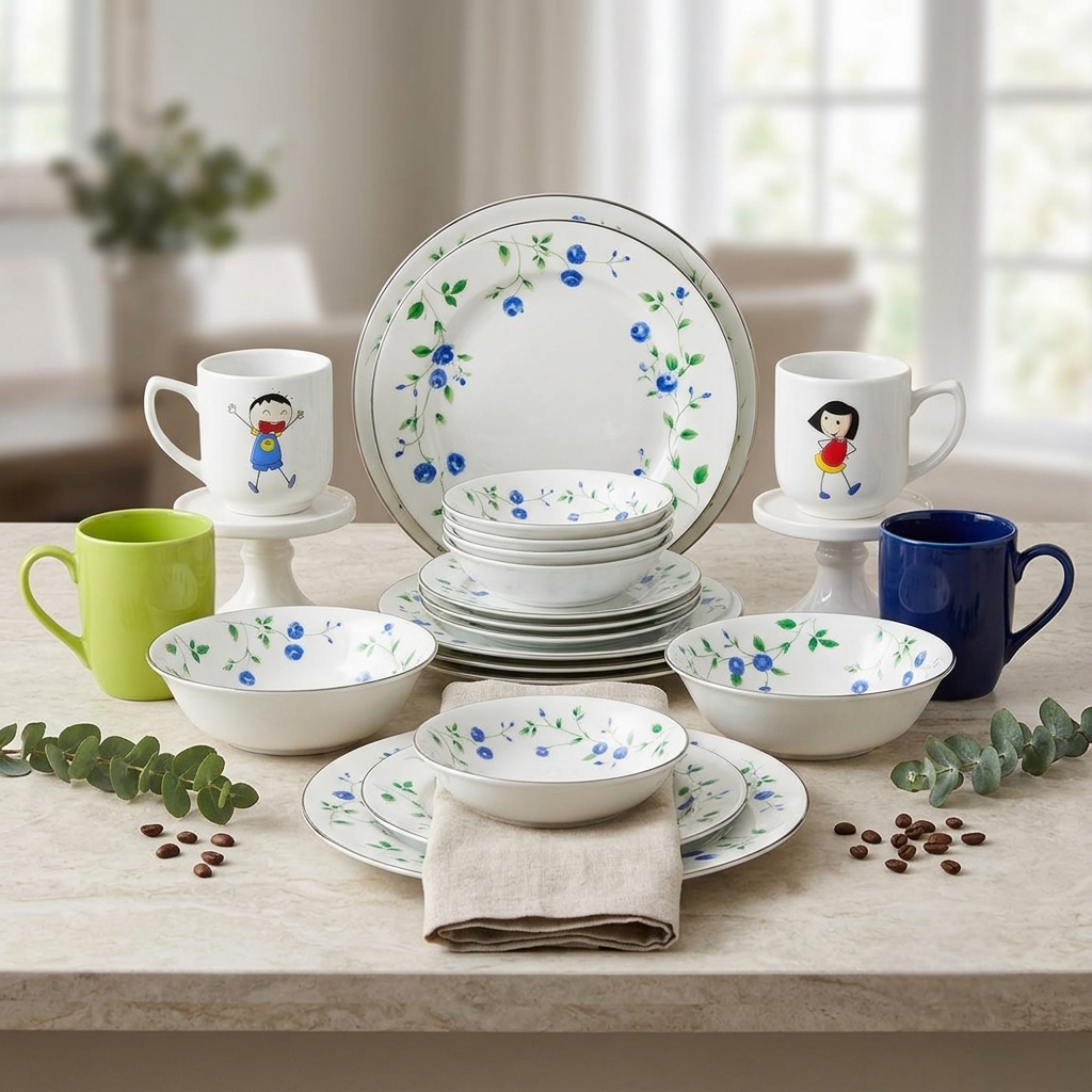 Dankotuwa | Blue Rose 21 Pieces Dinner Set + 2 Kids Mugs + 2 Color Mugs