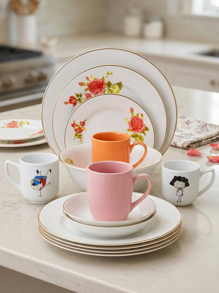 Dankotuwa | New Romantic 21 Pieces Dinner Set + 2 Kids Mugs + 2 Color Mugs