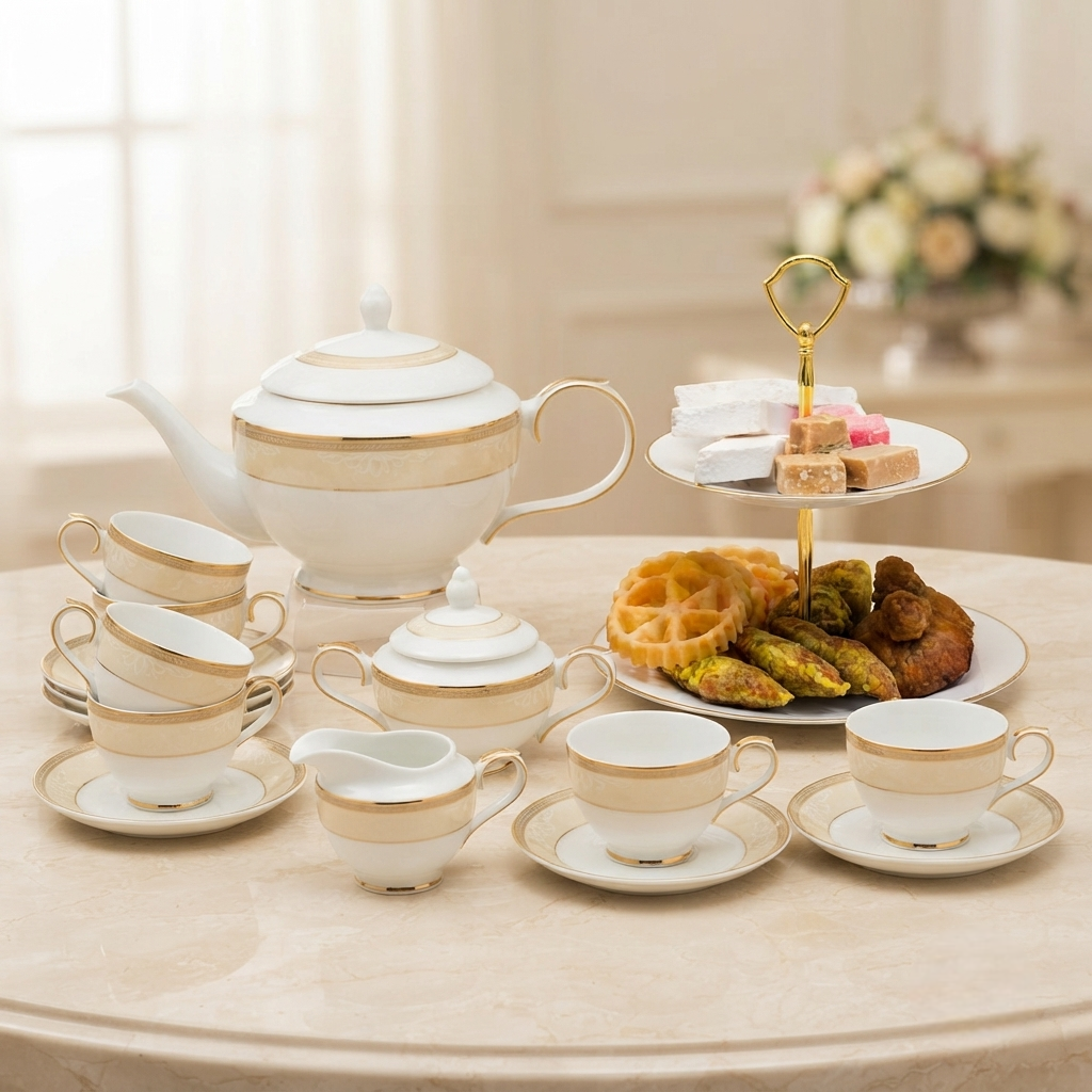 Dankotuwa | Rubens 17 Pieces Tea Set + 2 Tier Premium Porcelain Cake Tray - Gold Line