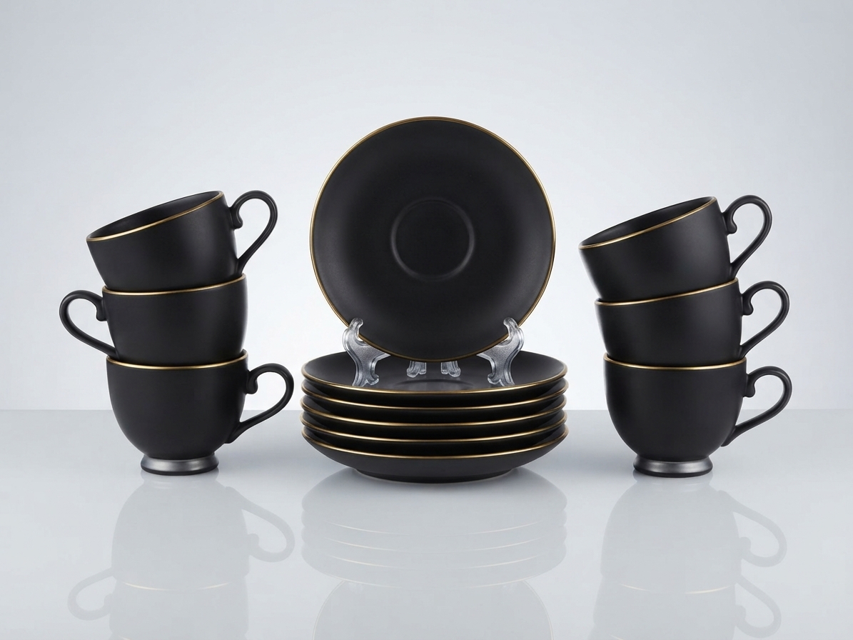 Dankotuwa | Matte Black With Gold Line 12 Pcs Tea Set