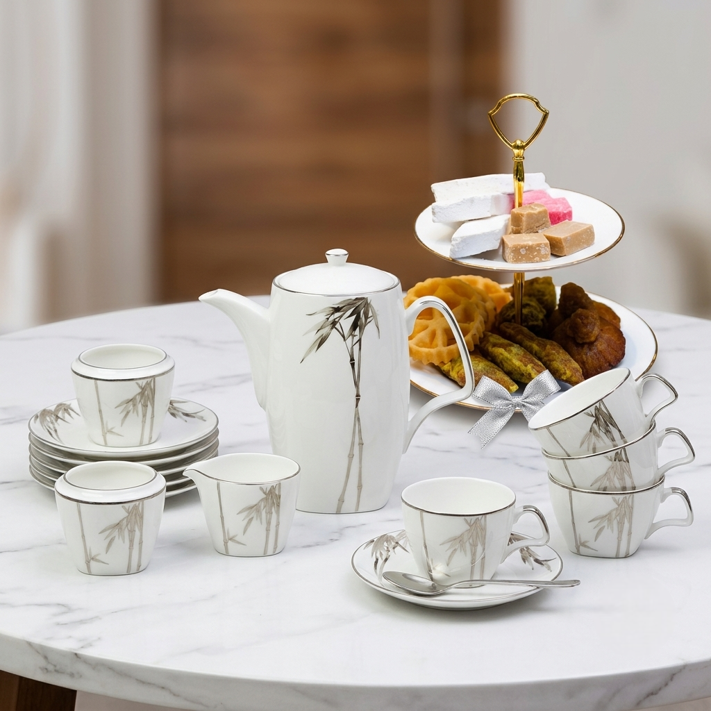 Dankotuwa | Bamboo Silver 17 Pieces Tea Set + 2 Tier Premium Porcelain Cake Tray - Gold Line