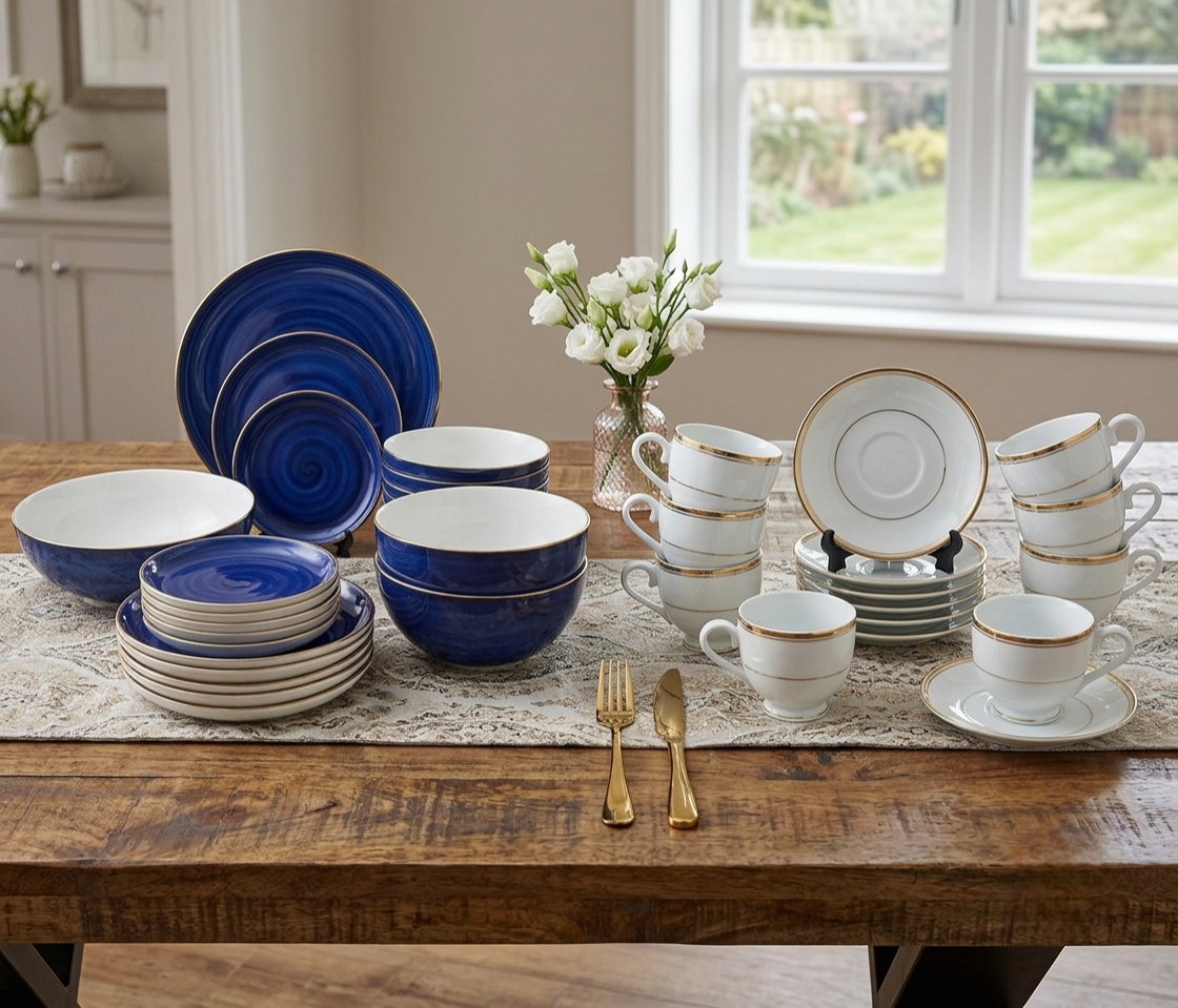 Dankotuwa | Spiral Galaxy Blue 21 Pieces Dinner Set + Infinity Gold Line 12 Pieces Tea Set