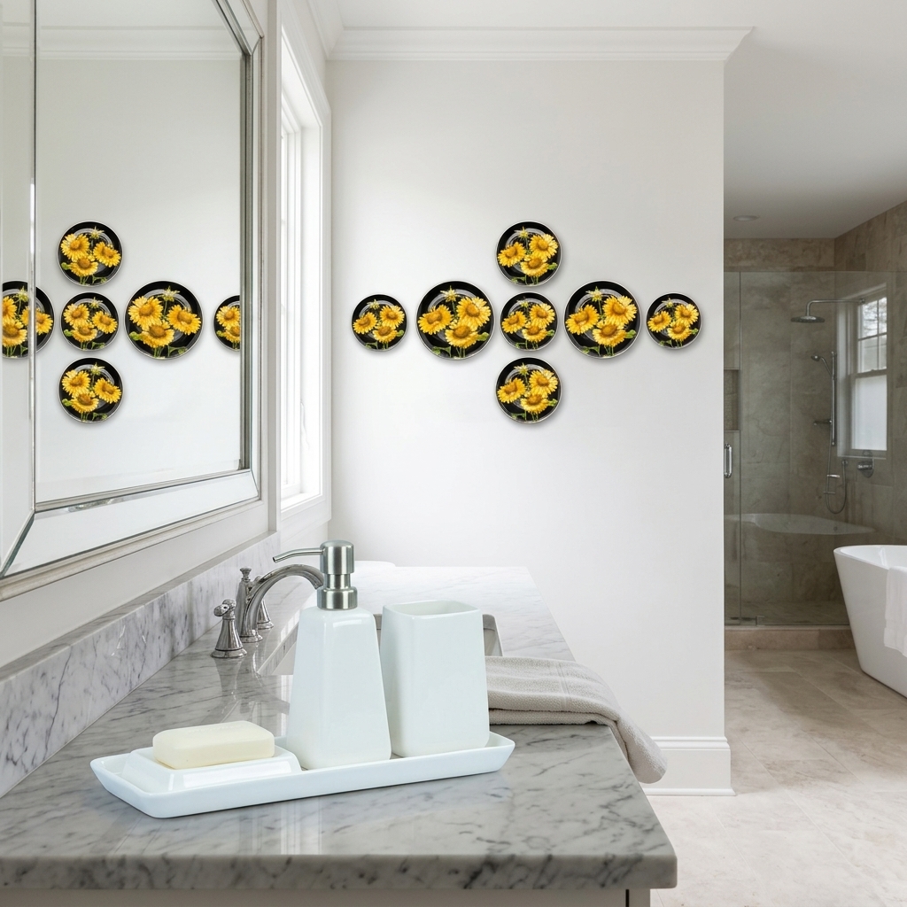 Dankotuwa | Ivory 4 Pcs Bathware Set & Sunflower Meadow Wall Art Set