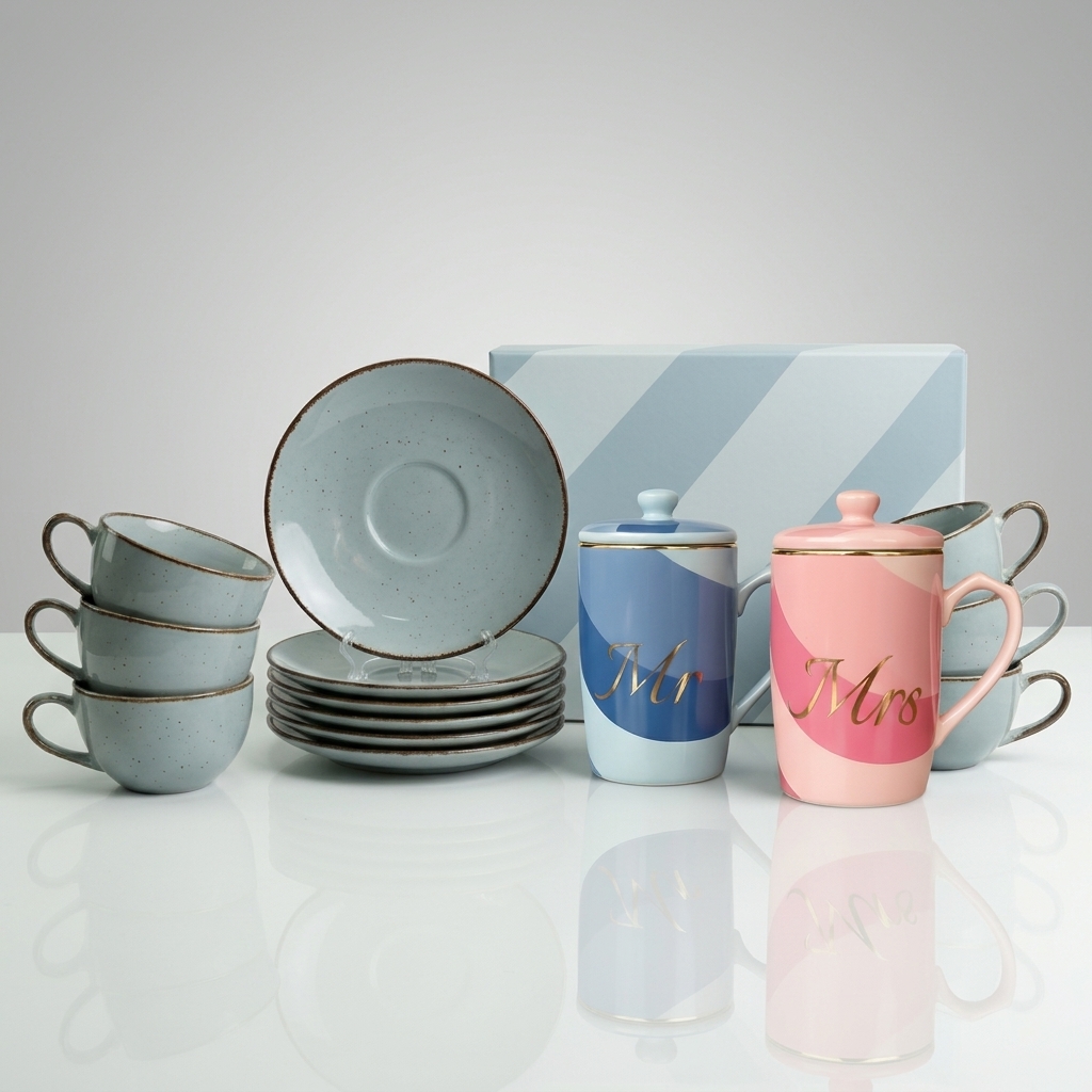 Dankotuwa | Mr & Mrs Mug Set & Urban Gray 12 Pcs Tea Set