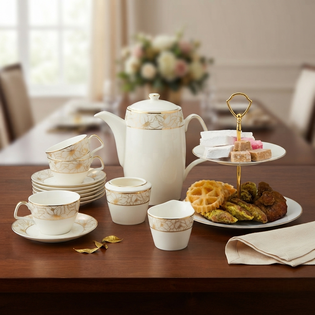 Dankotuwa | Aniella Gold IV 17 Pieces Tea Set + 2 Tier Premium Porcelain Cake Tray - Gold Line