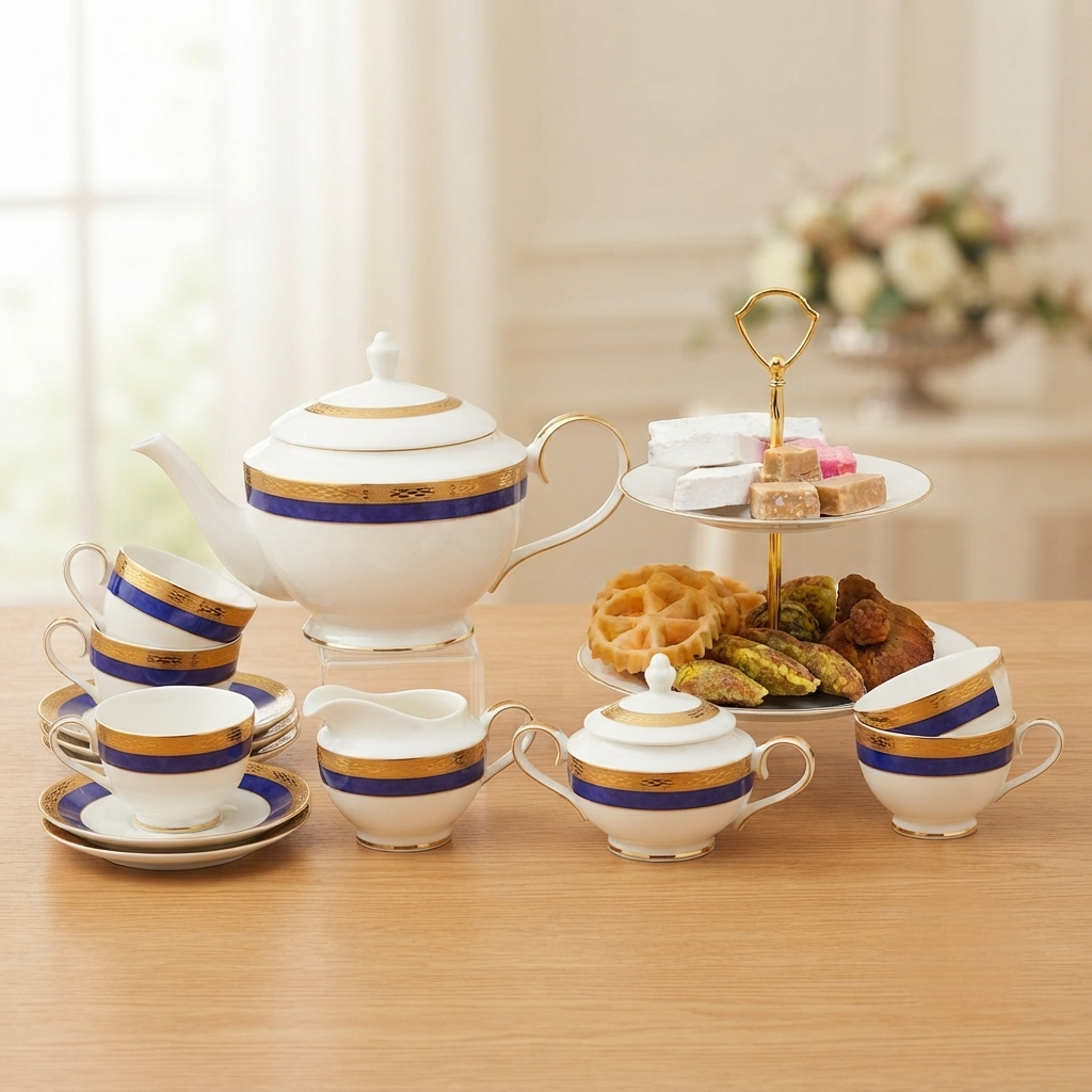 Dankotuwa | Bellini Gold 17 Pieces Tea Set + 2 Tier Premium Porcelain Cake Tray - Gold Line