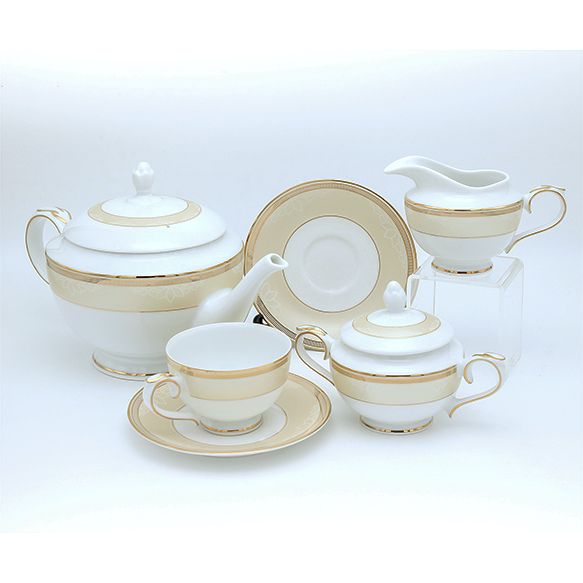 Dankotuwa | Rubens 17 Pieces Tea Set + 2 Tier Premium Porcelain Cake Tray - Gold Line